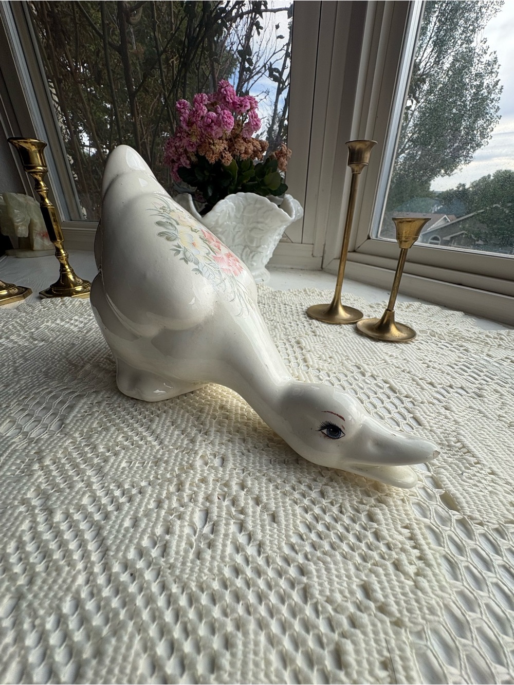 Vintage Ceramic Goose Figurine with Floral Detail - White